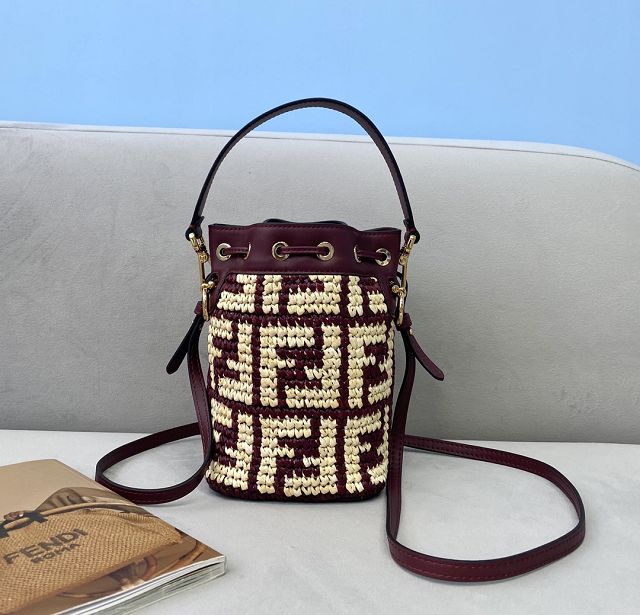 Fendi straw small mon tresor bucket bag 8BS010 burgundy