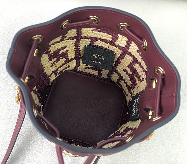 Fendi straw small mon tresor bucket bag 8BS010 burgundy