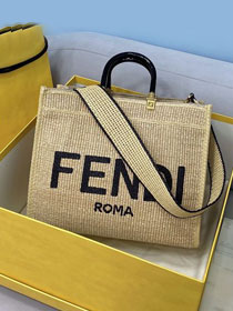 Fendi original raffia medium sunshine shopper bag 8BH386 apricot&black