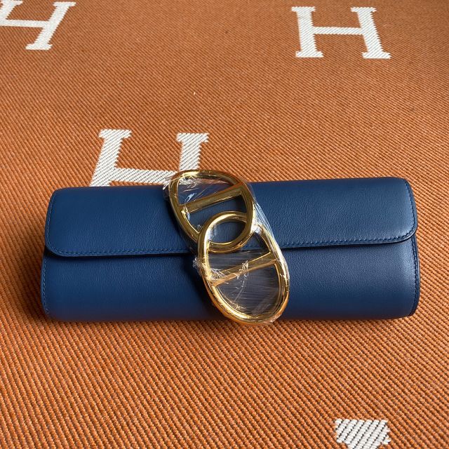 Hermes original swfit leather egee clutch E001 navy blue