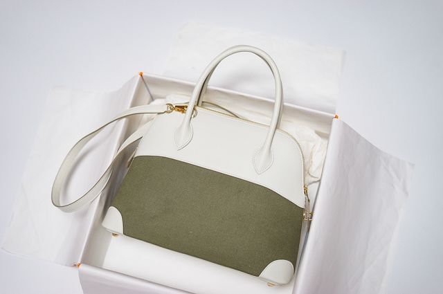Hermes handmade original canvas medium bolide 31 bag B031 white&green