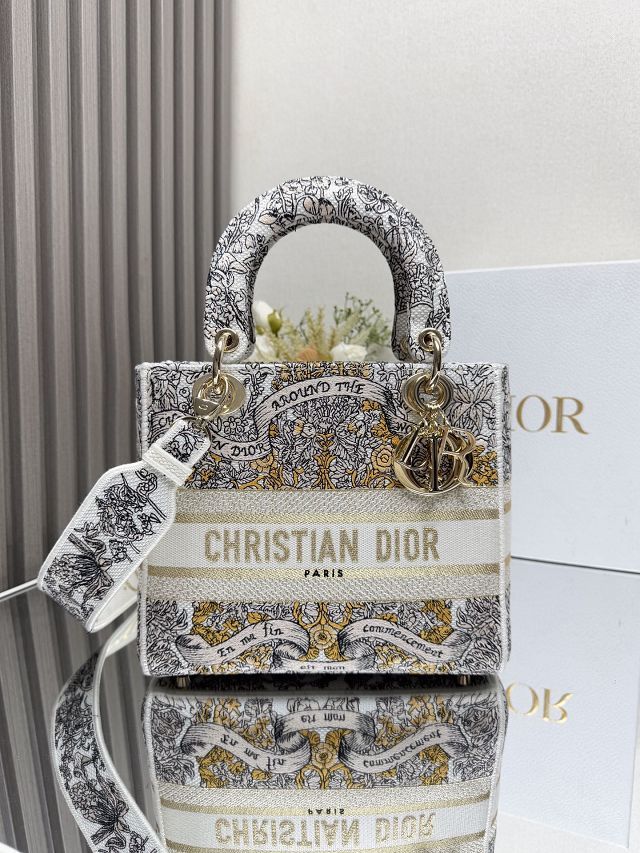 Dior original cotton medium lady bag M0565 white&black