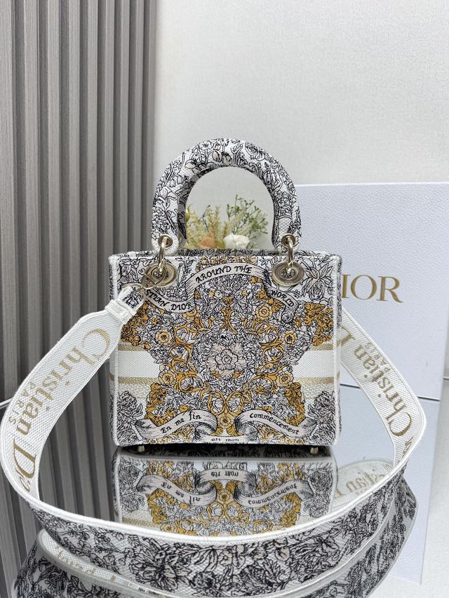 Dior original cotton medium lady bag M0565 white&black