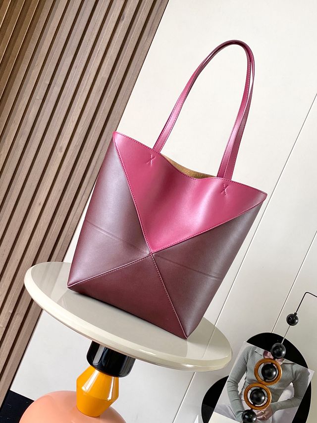 Loewe original calfskin medium puzzle fold tote A657G50 burgundy&peach