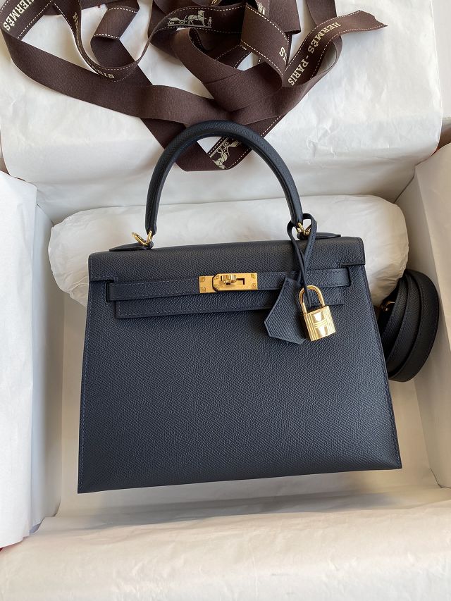 Hermes original epsom leather kelly 25 bag K25-1 blue nuit