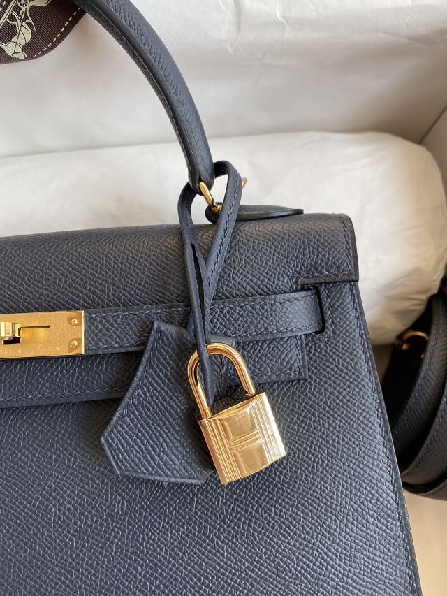 Hermes original epsom leather kelly 25 bag K25-1 blue nuit