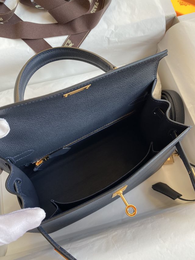 Hermes original epsom leather kelly 25 bag K25-1 blue nuit