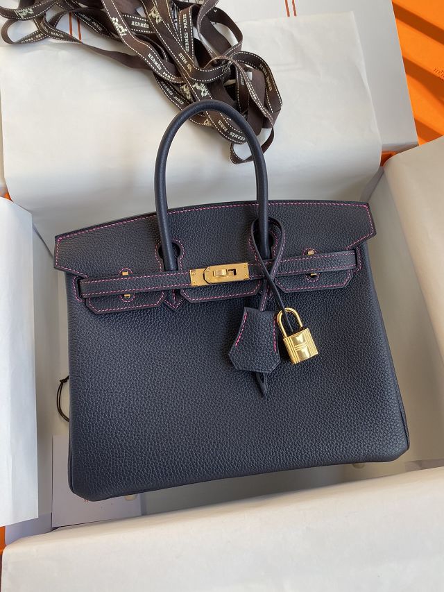 Hermes original togo leather birkin 30 bag H30-1 blue nuit&fuschia