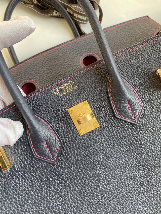 Hermes original togo leather birkin 30 bag H30-1 blue nuit&fuschia