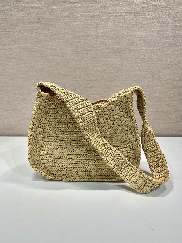 Prada original raffia crochet shoulder bag 1BG186 beige