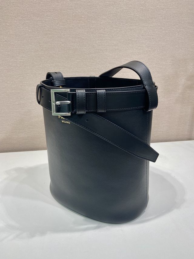 Prada original  calfskin bucket bag with belt 1BE085 black