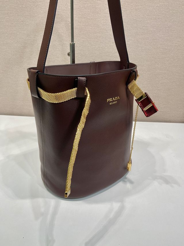 Prada original calfskin bucket bag with jeweled belt 1BE085 burgundy