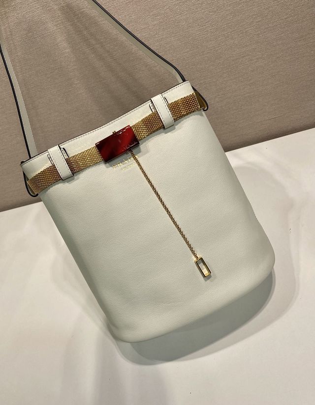 Prada original calfskin bucket bag with jeweled belt 1BE085 white