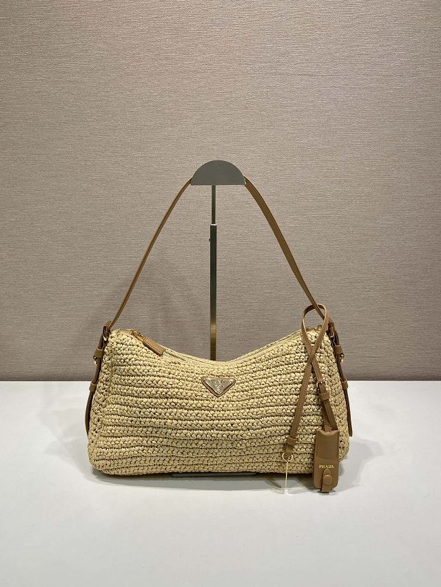 Prada original raffia aimee medium crochet bag 1BC247 beige