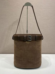 Prada original suede bucket bag with belt 1BE085 brown