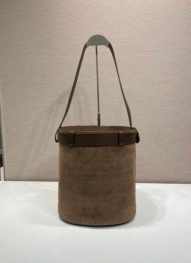 Prada original suede bucket bag with belt 1BE085 brown