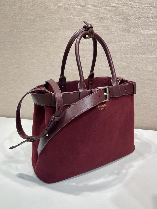 Prada original suede large tote bag with belt 1BA416 bordeaux