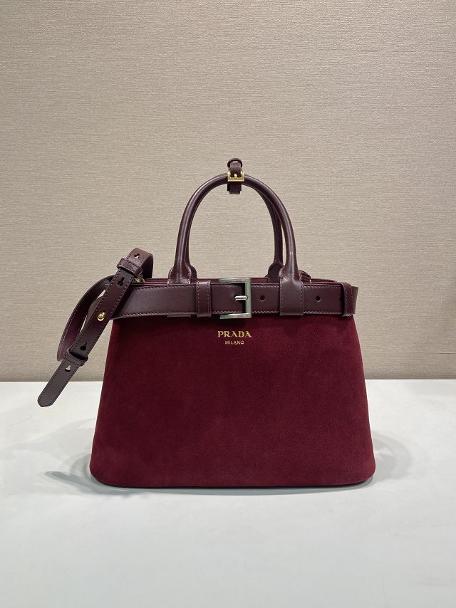Prada original suede tote bag with belt 1BA434 bordeaux