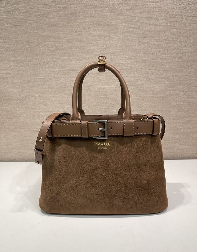 Prada original suede tote bag with belt 1BA434 brown