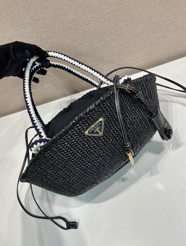 Prada original raffia crochet basket bag 1BA463 black