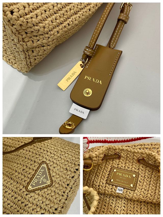 Prada original raffia mini crochet bucket bag 1BE068 beige