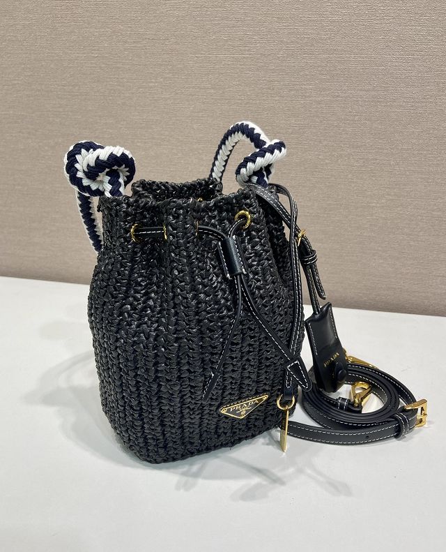 Prada original raffia mini crochet bucket bag 1BE068 black
