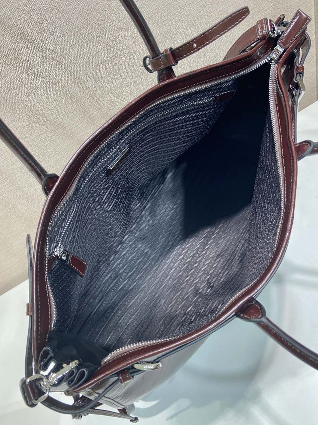 Prada original calfskin bonnie tote bag 2VG128 dark brown