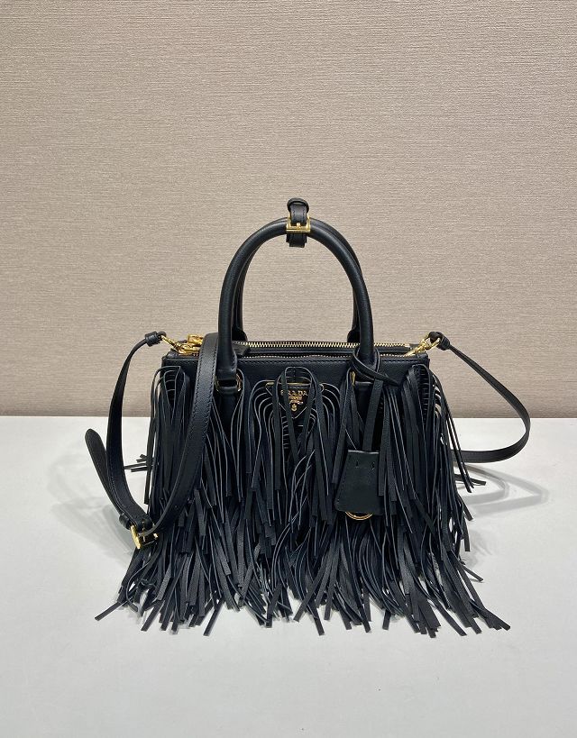 Prada original soft calfskin galleria small bag with fringe 1BA896 black