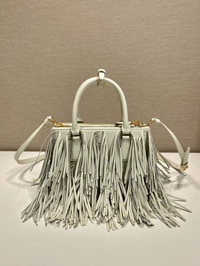 Prada original soft calfskin galleria small bag with fringe 1BA896 white