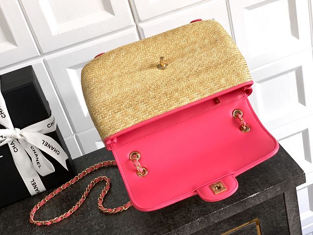 CC original straw medium flap bag AS6018 beige&rose