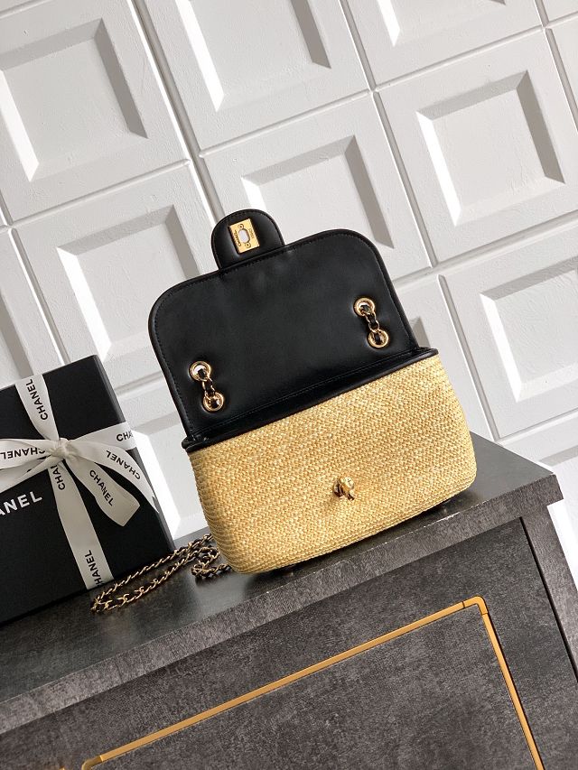 CC original straw small flap bag AS6017 beige&black