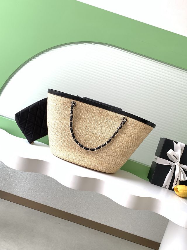 CC original straw large tote bag AS5952 beige&black