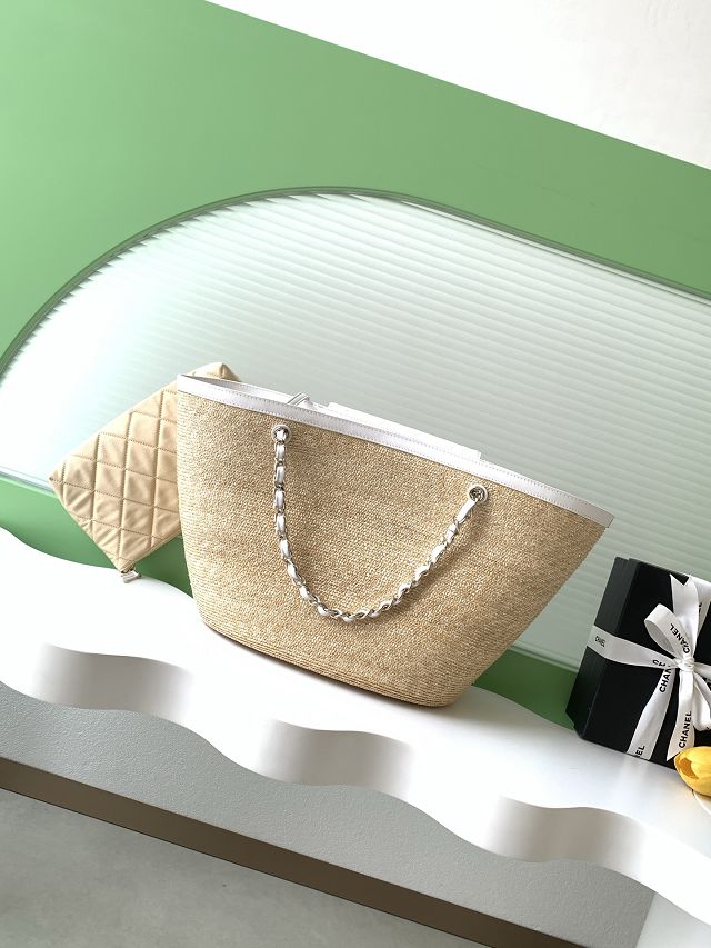 CC original straw large tote bag AS5952 beige&white