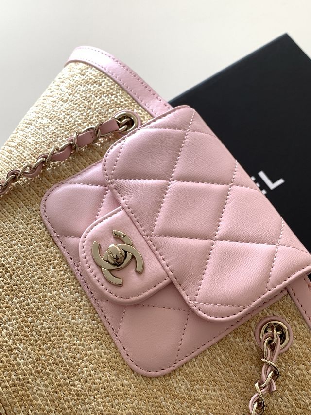 CC original straw small tote bag AS5951 beige&pink