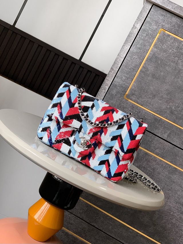 CC original sequins mini flap bag AS6171 blue&red&white