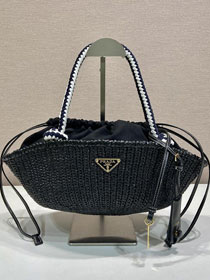 Prada original raffia crochet basket bag 1BA463 black